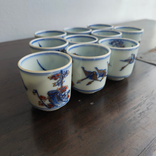 明治 作家物 梅に飛翔鴨図 のぞき猪口 10客