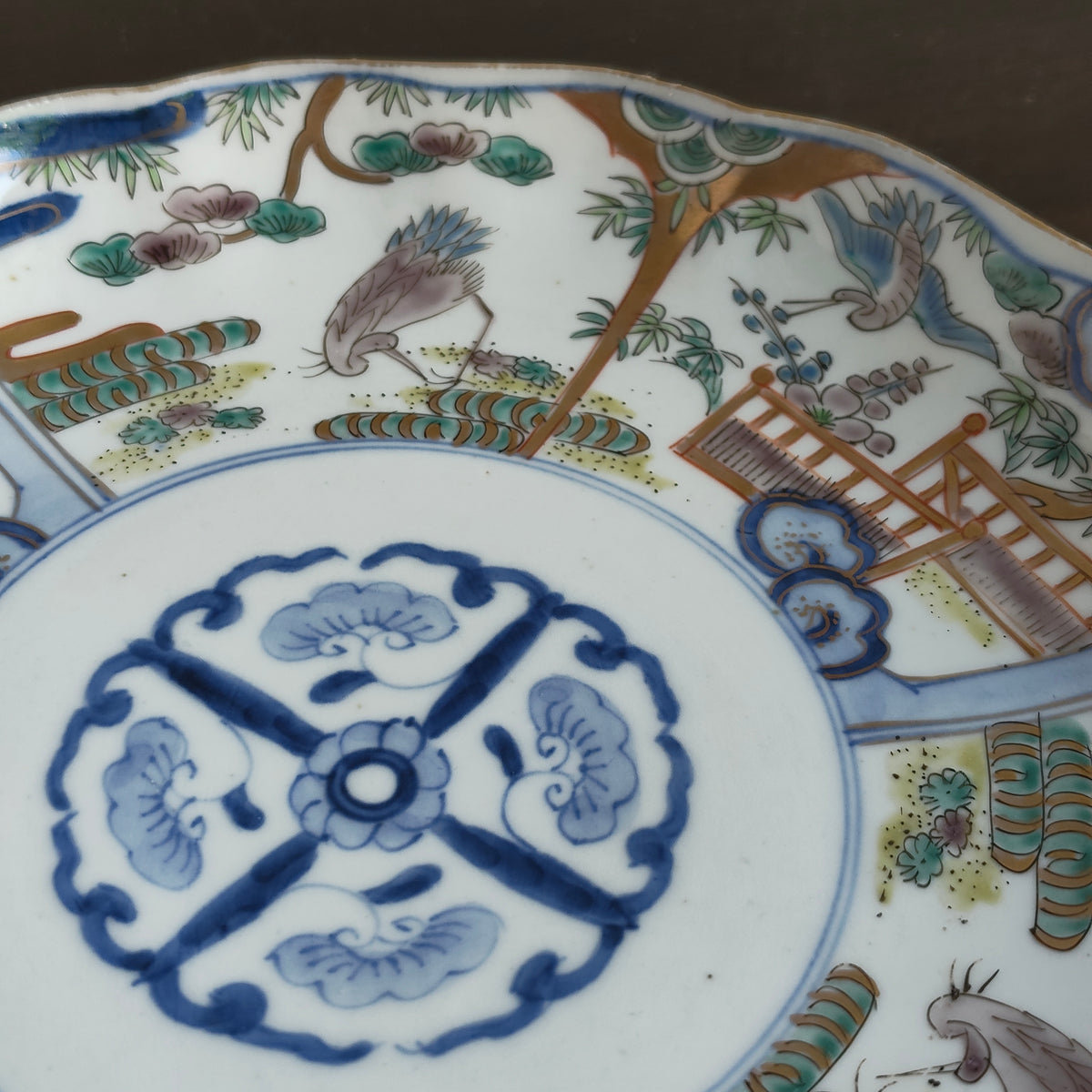 明治 伊万里 染錦 鶴図 7寸皿 4客組