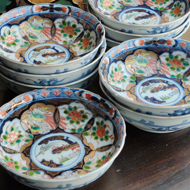 幕末明治 伊万里 染錦 孔雀図 蕎麦皿 9客組